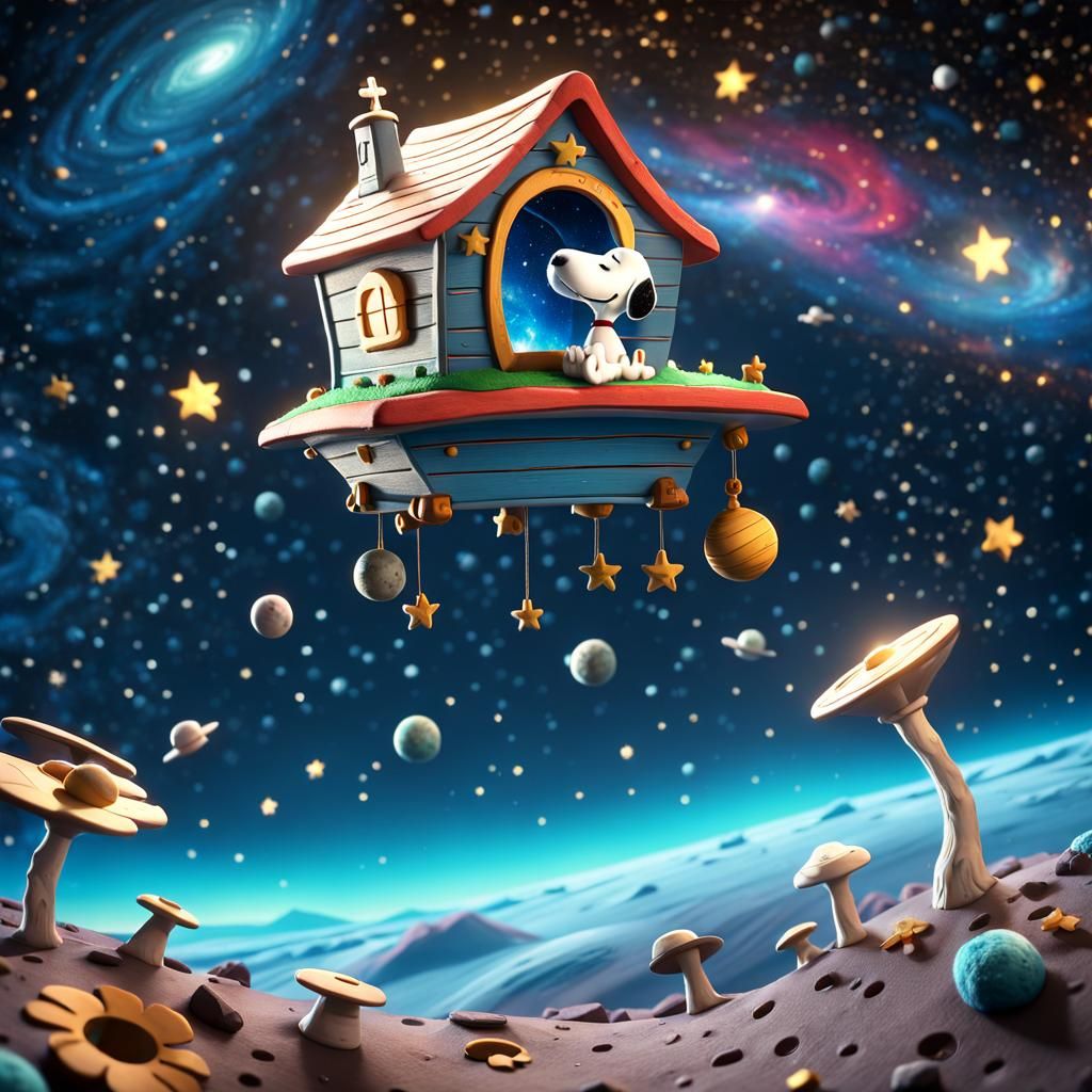 Snoopy Drifting Through Space in Claymation Style