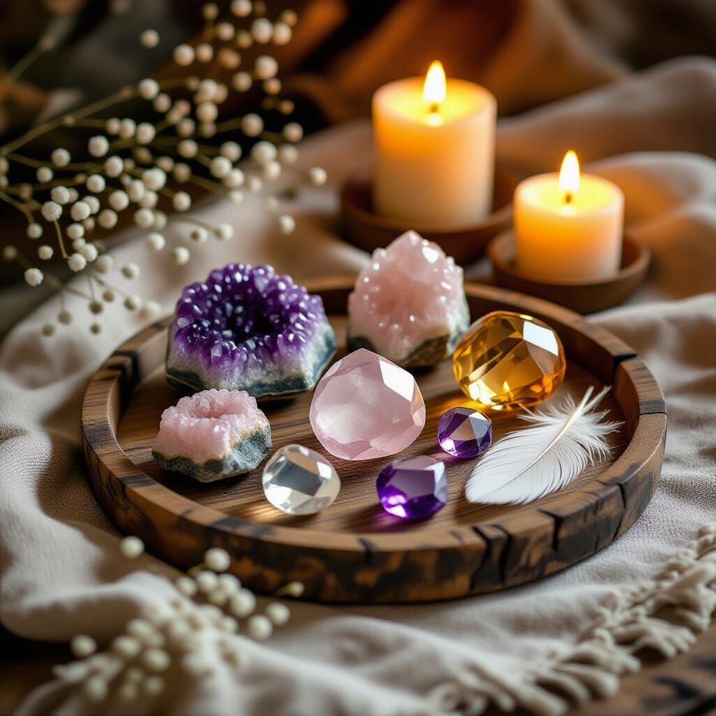 Crystal Collection on Rustic Tray with Soft Sidelighting