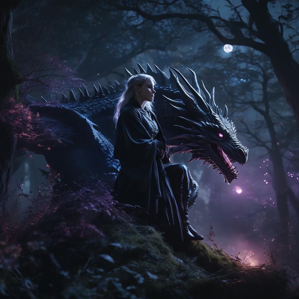 Gothic Girl on Dragon in Enchanted Forest