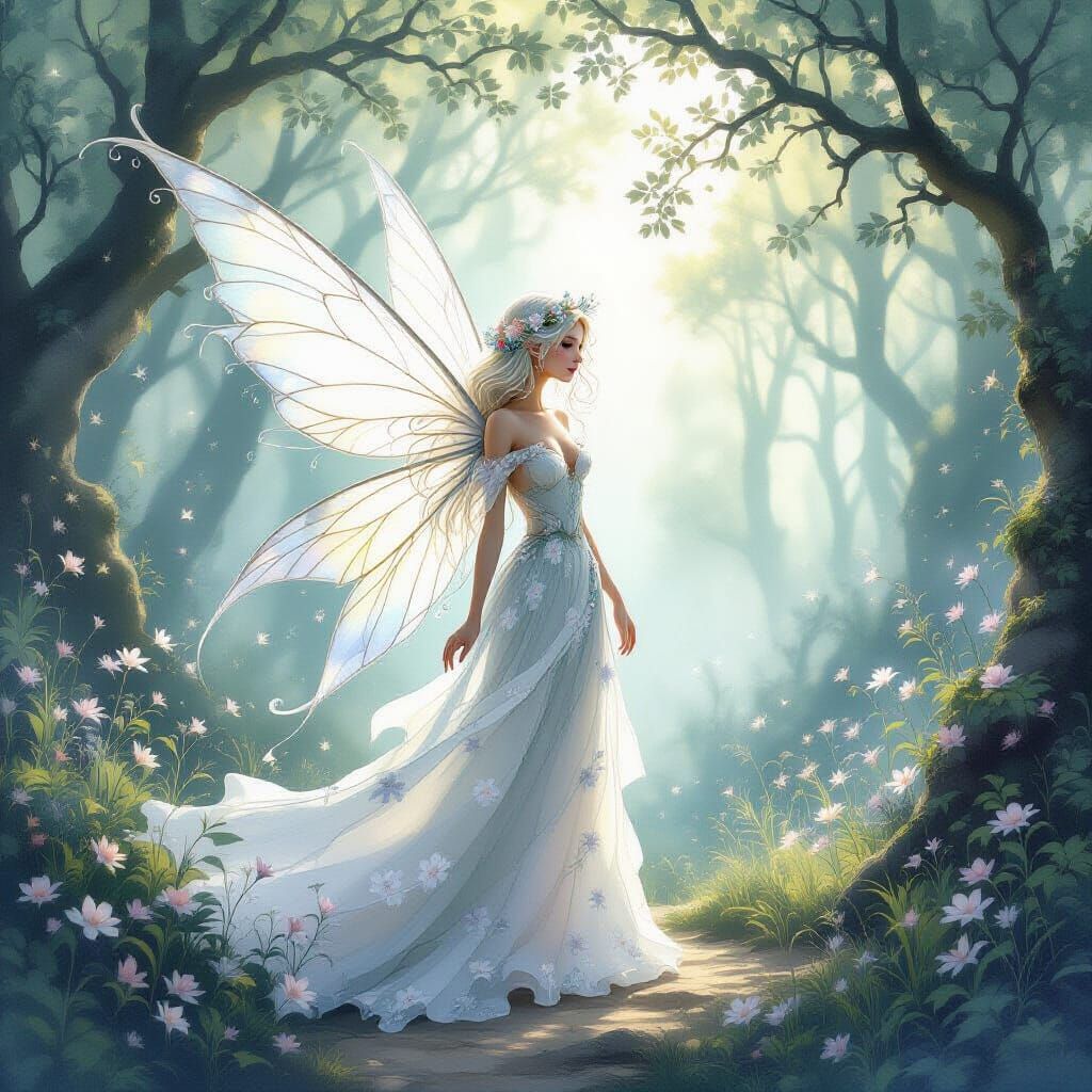 Ethereal Fairy in Misty Forest, Watercolor Art