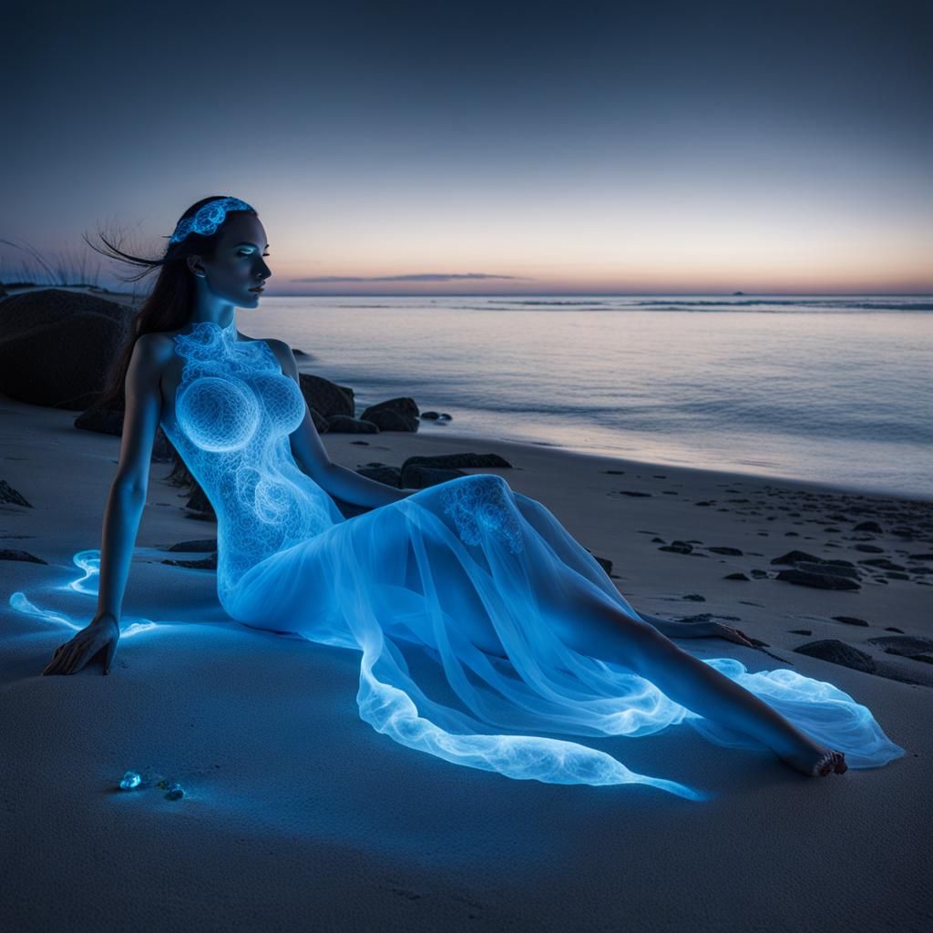 Bioluminescent Smoke Woman Lounging on Beach