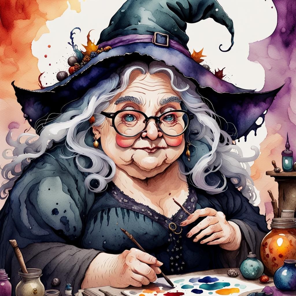 Whimsical Witch Portrait in Watercolor Fantasy Style