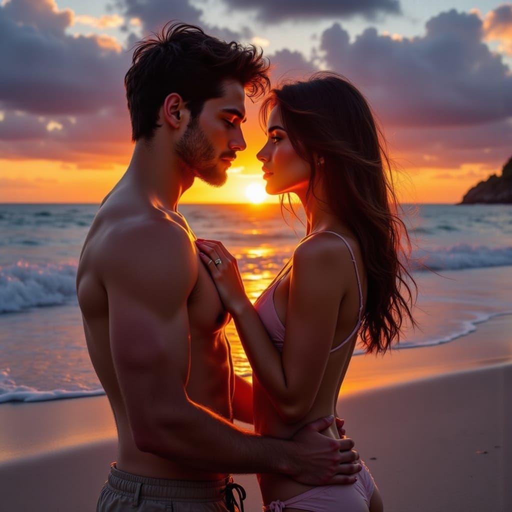 Romantic Sunset Beach Portrait in Digital Art Style