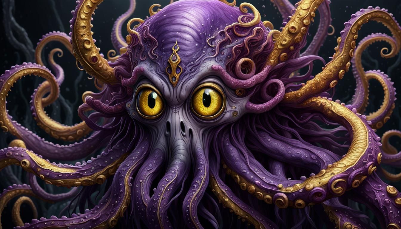 Detailed Purple Cthulhu with Golden Eyes Oil Painting