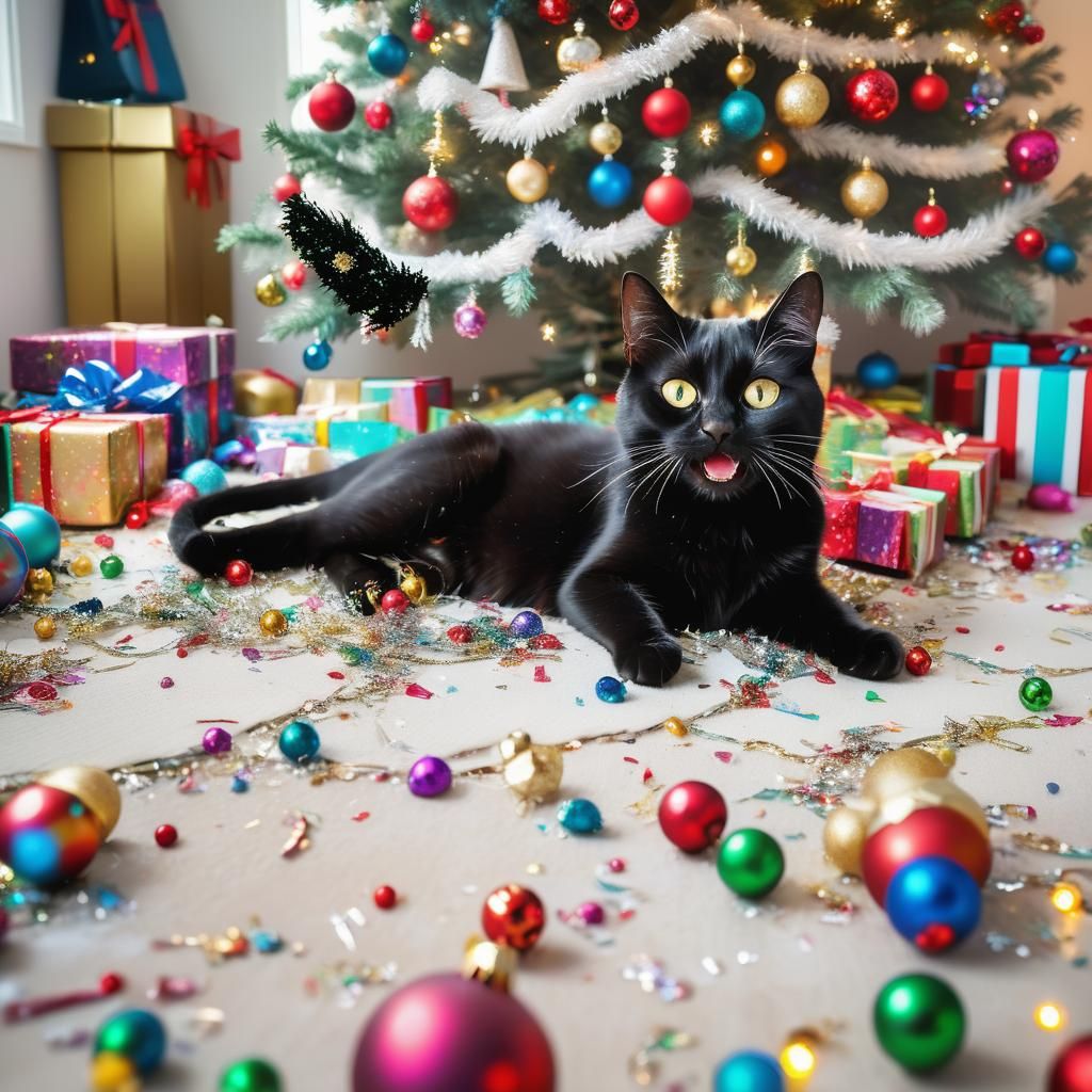 Mischievous Cat and Christmas Tree Chaos in Candy Art