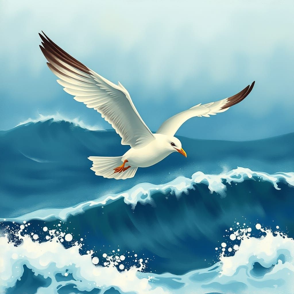 Seagull Soaring Over Ocean in Whimsical Style