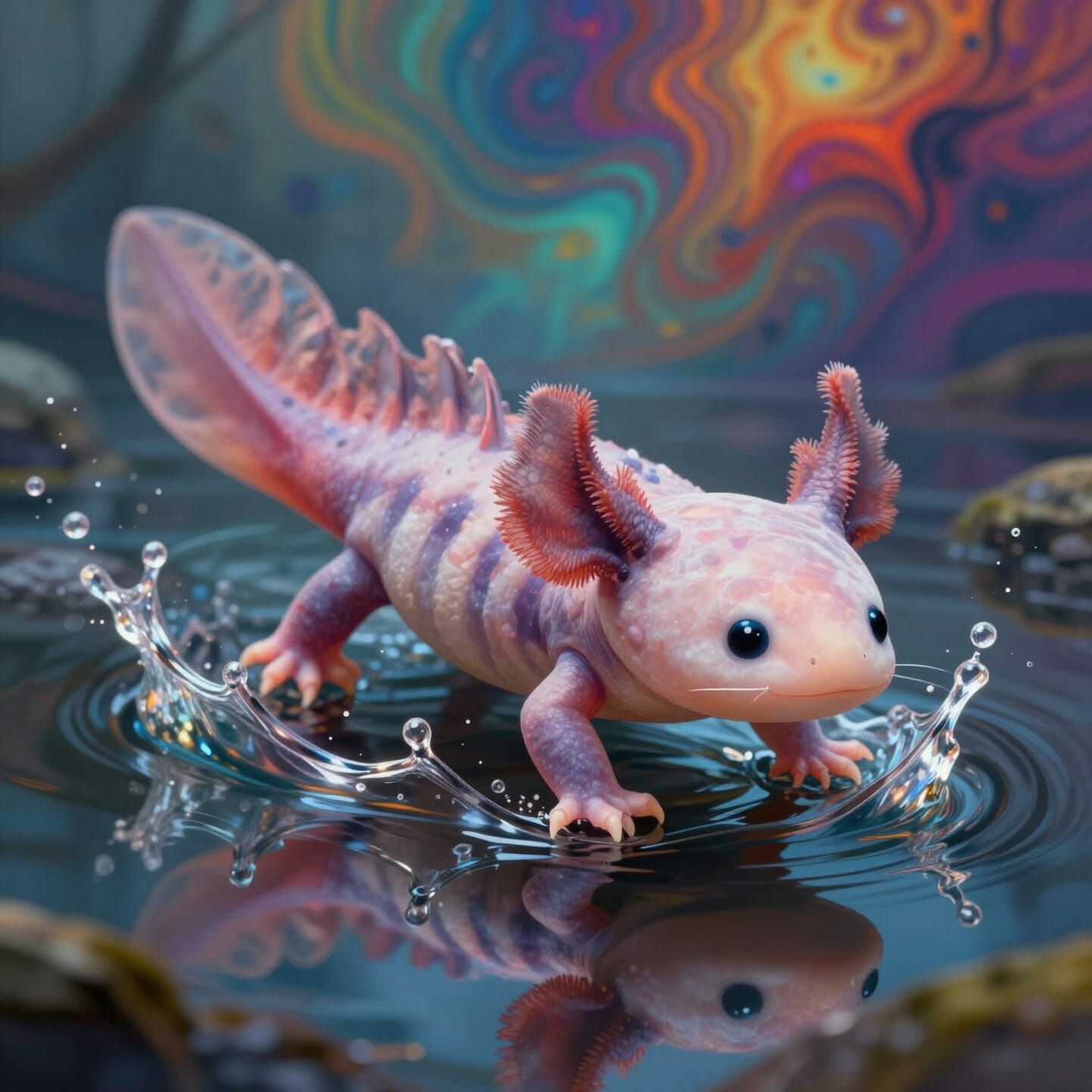Cute Axolotl Swimming in Vibrant Reflective Water