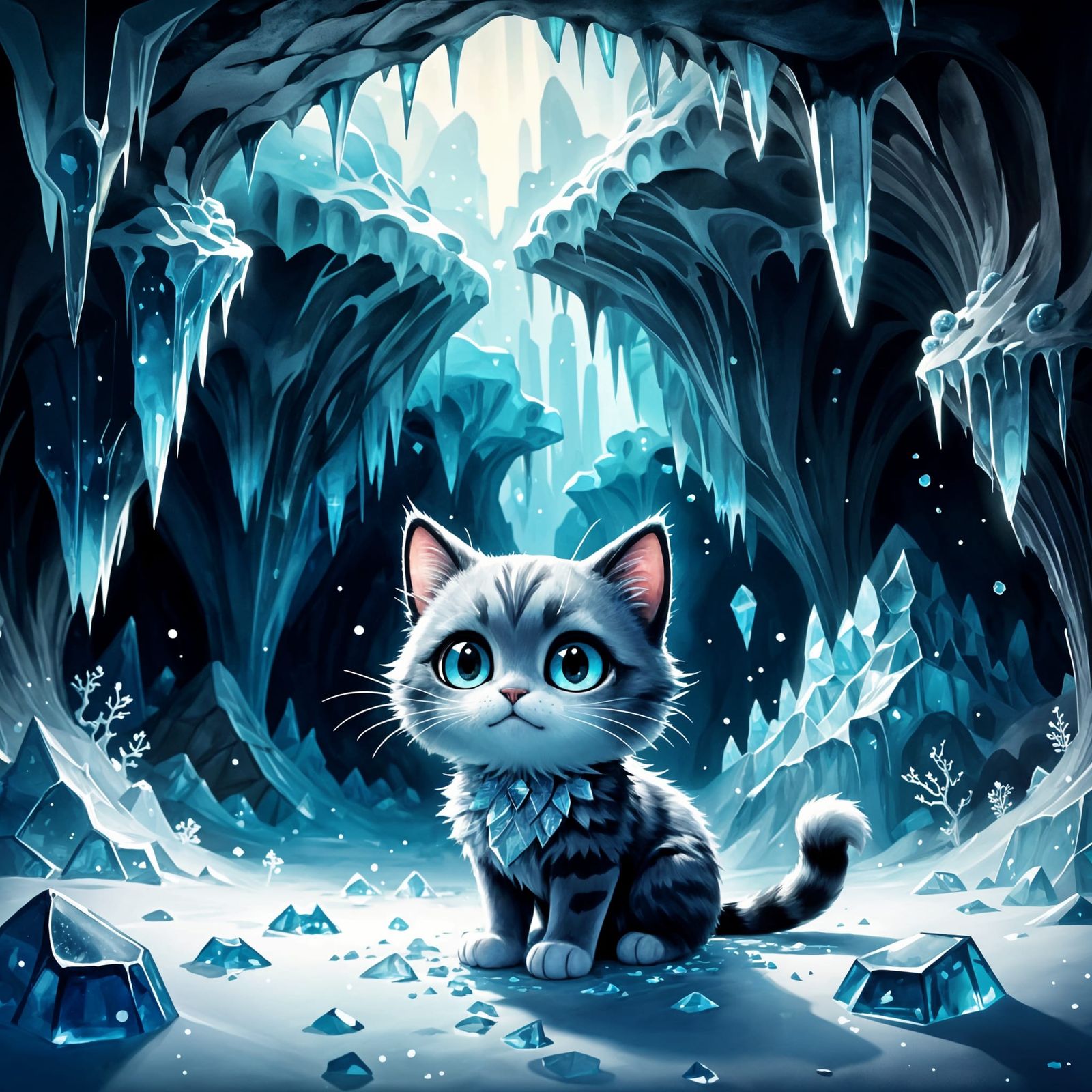 Whimsical Crystal Cave Cat in Dreamy Surrealist Art