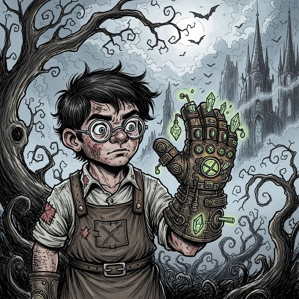 Dwarf Inventor in Gothic Horror Landscape, Steampunk Sketch