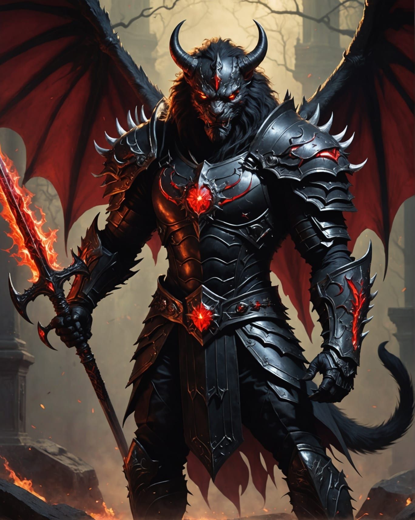 Muscular Lion Demon with Bat Wings on Battlefield