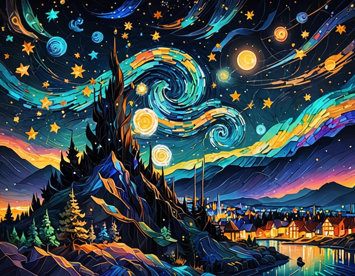 Glitched Starry Night Holographic Illustration