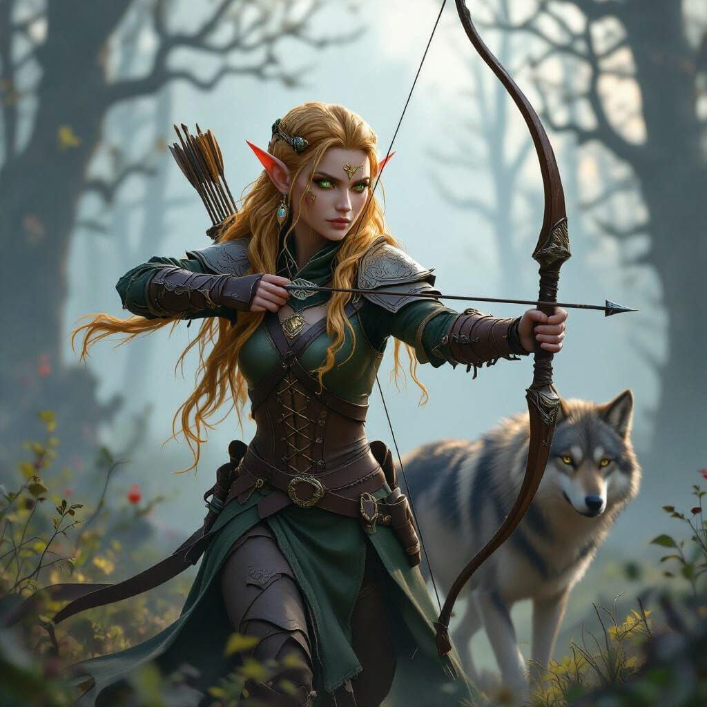 Elf Ranger and Wolf Track Beast in Misty Forest at Dawn