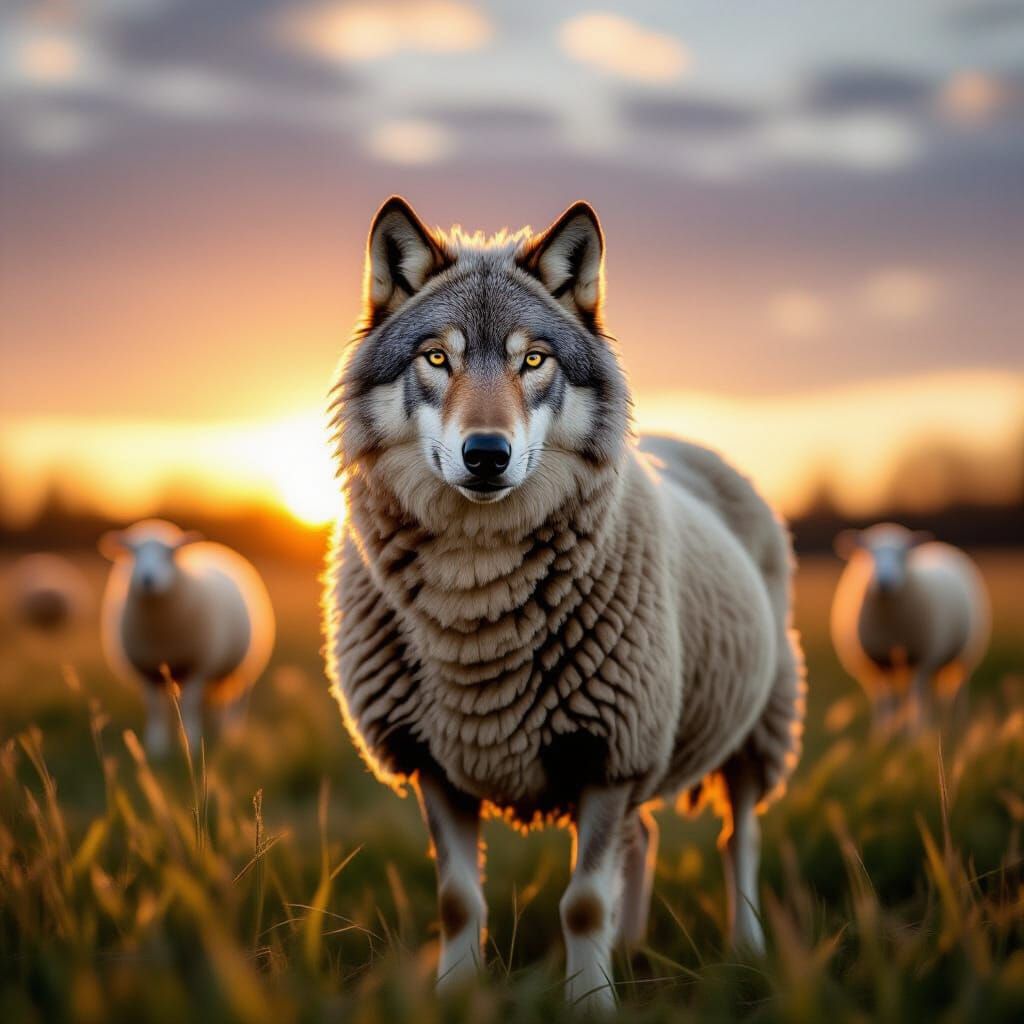Hyperrealistic Wolf in Sheep's Fleece at Sunset