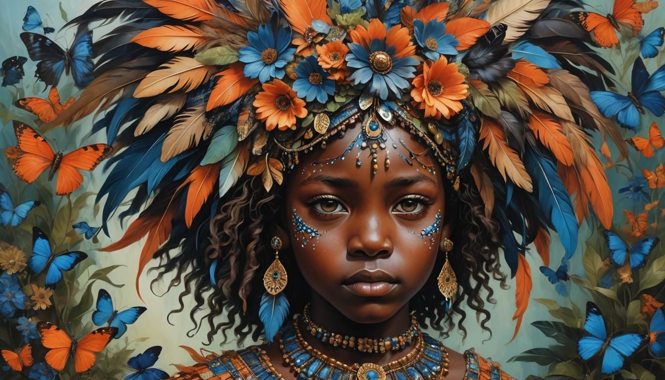 Child Portrait with Feathered Headdress in Hyper-Realistic S...