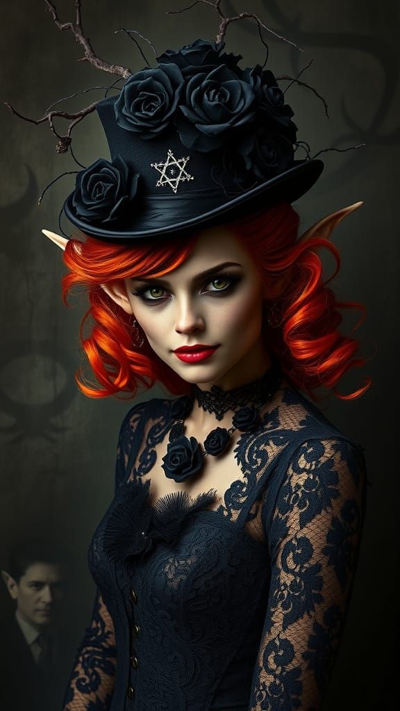 Cunning goblin woman with vibrant red hair in wild curls, we...