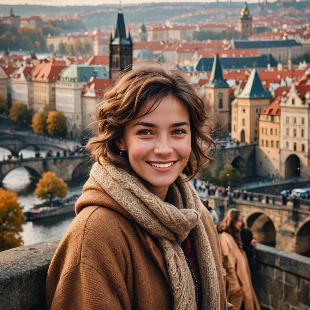 Smiling Portrait with Prague Cityscape Backdrop