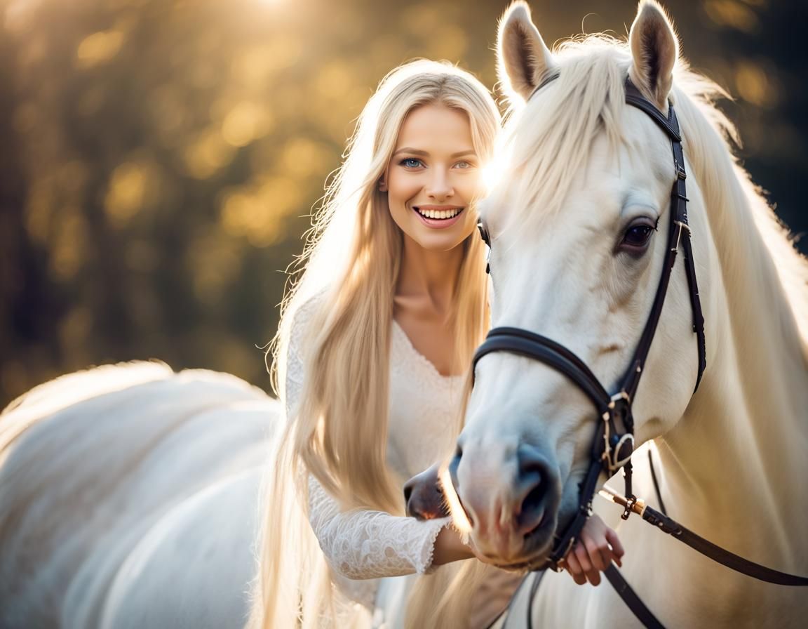 Lady Godiva on White Horse in Nature