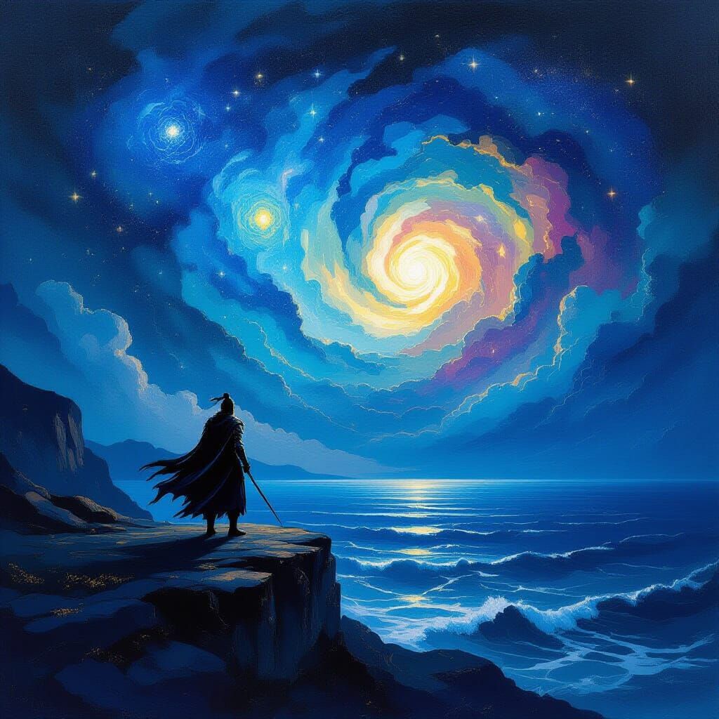 Ancient Warrior on Cliff Overlooking Starlit Ocean