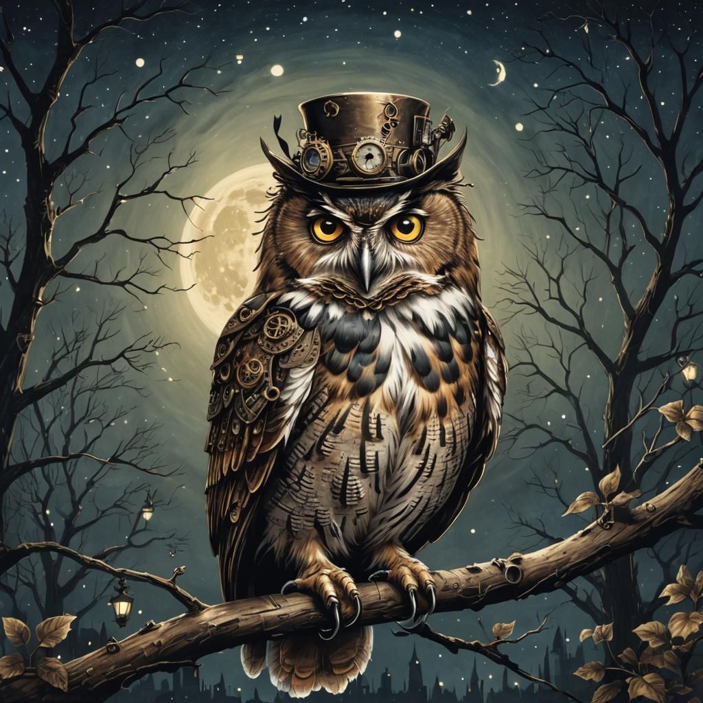 Steampunk Owl with Top Hat at Night