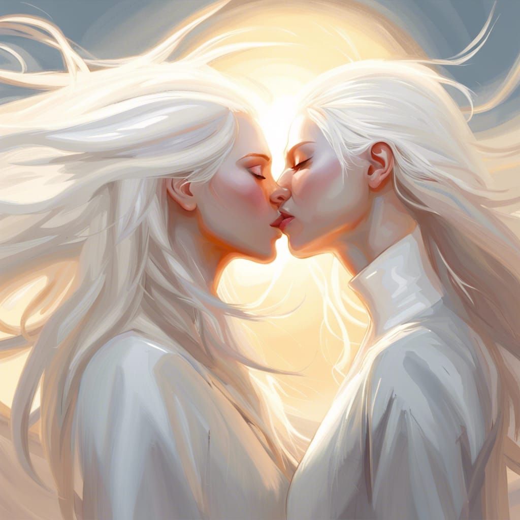 Albino Women Kissing in White Desert, Digital Painting