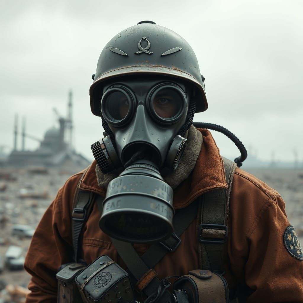 Dystopian Soldier in a War-Torn Landscape, in a Dark Industr...