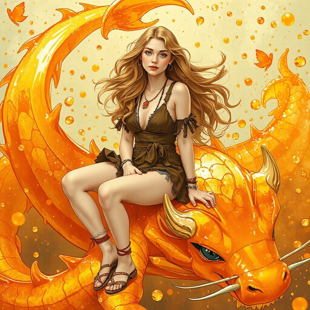 Woman on Gummy Dragon in Effervescent Soda Sea