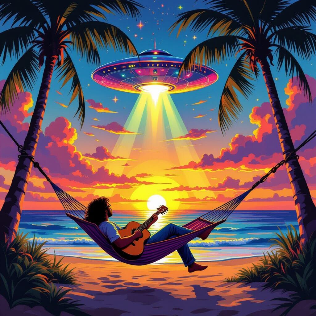 Guitarist in Hammock with Psychedelic Spaceship at Sunset