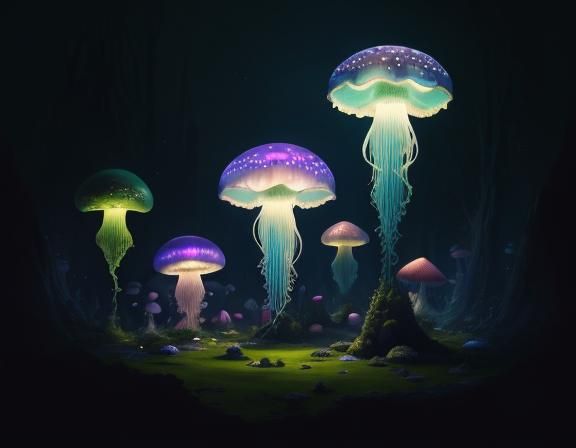 Jellyfish in Toadstool Forest in Beatrix Potter Style