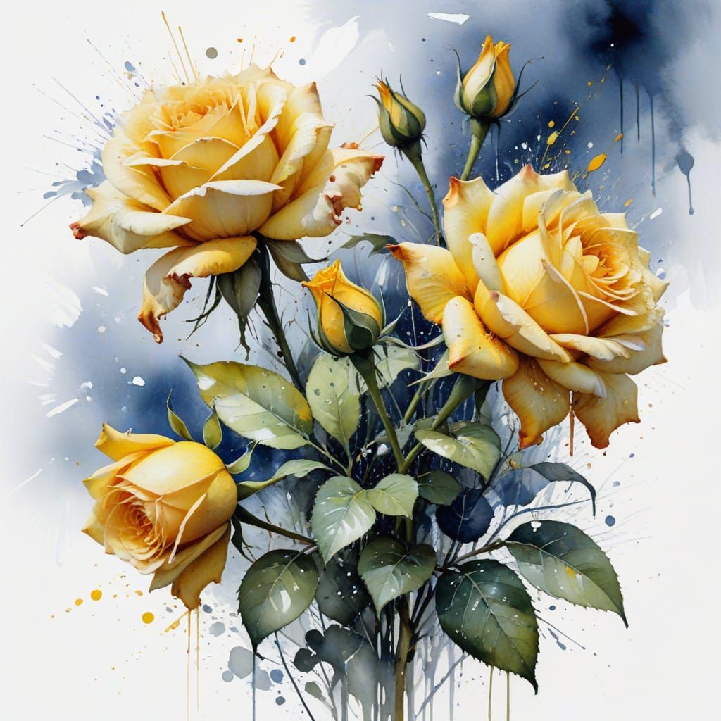 Yellow Roses and Lilies in Watercolor Style