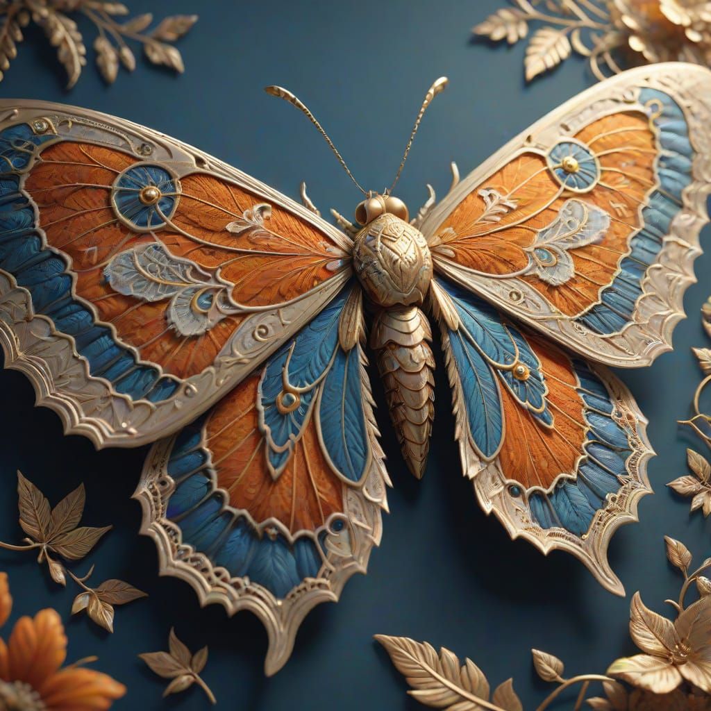Luminous Beige Moth in Intricate Gold Filigree