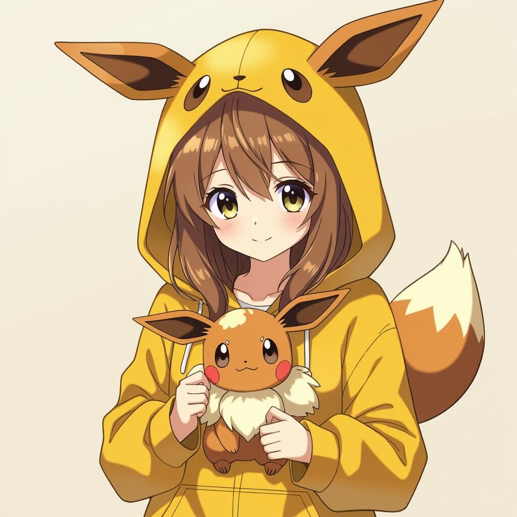 Anime Girl in Eevee Hoodie Holding Eevee