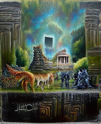 Ancient Temple with Mythical Guardians in Oil Painting Style