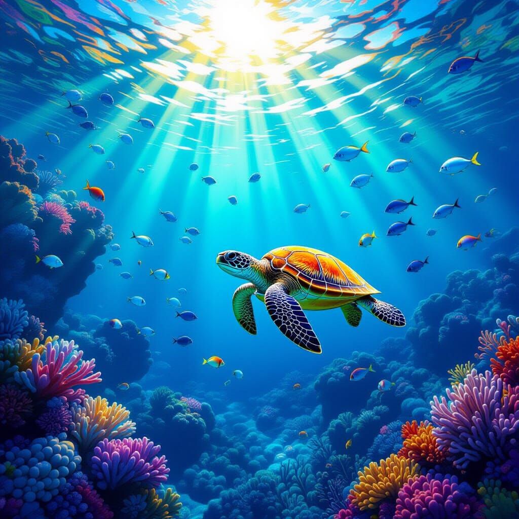 Vibrant Coral Reefs with Majestic Sea Turtle Digital Paintin...