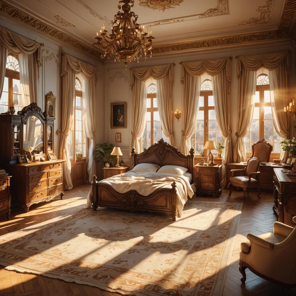 Ornate Wooden Bedroom in Golden Light, Oil Painting