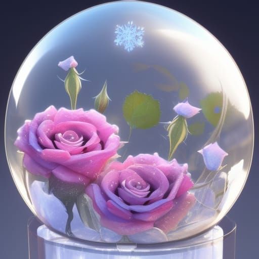 Frozen Pink Roses in Glass Dome, Hyperdetailed Digital Art