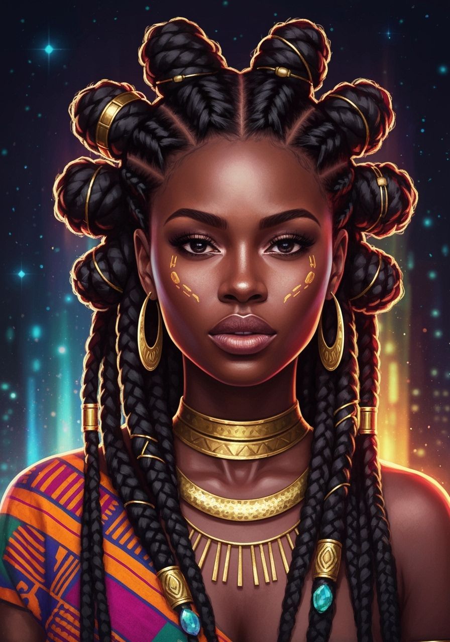 Afrofuturist Portrait of Radiant Black Woman with Gold Accen...