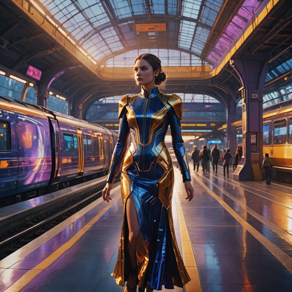 Futuristic Railway Station with Woman in Dress