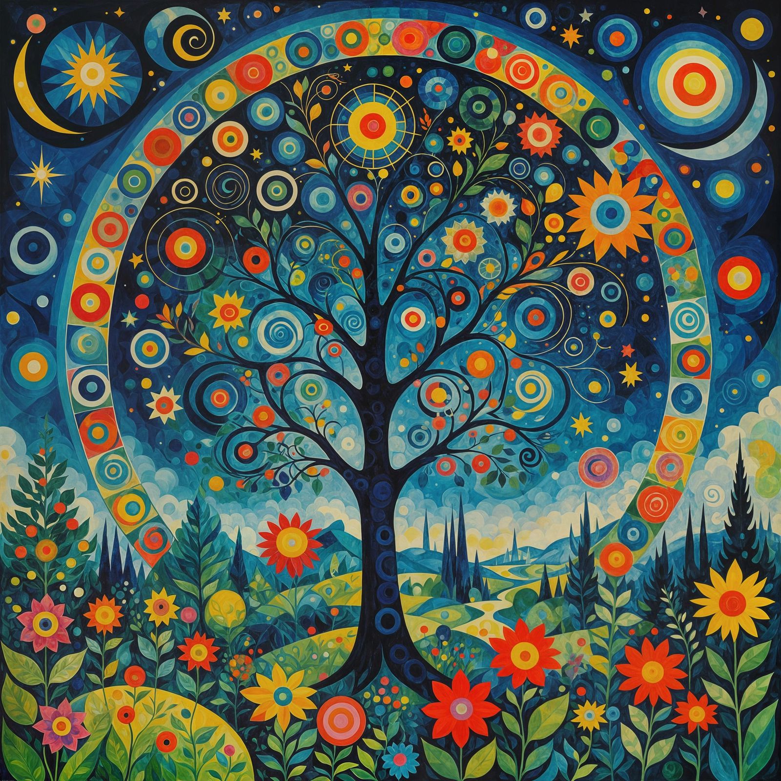 Mystical Celestial Garden with Cosmic Trees