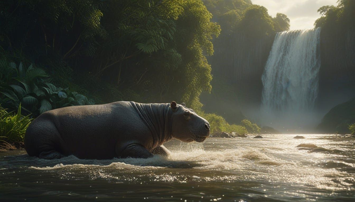 Hippo at Waterfall in Cinematic Digital Painting