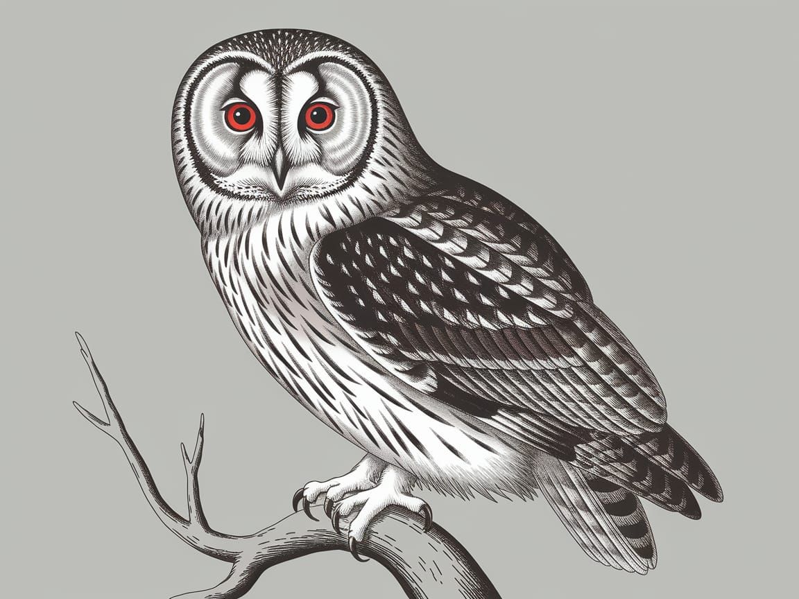 Red Eyed Owl Stippling Illustration in Audubon Style