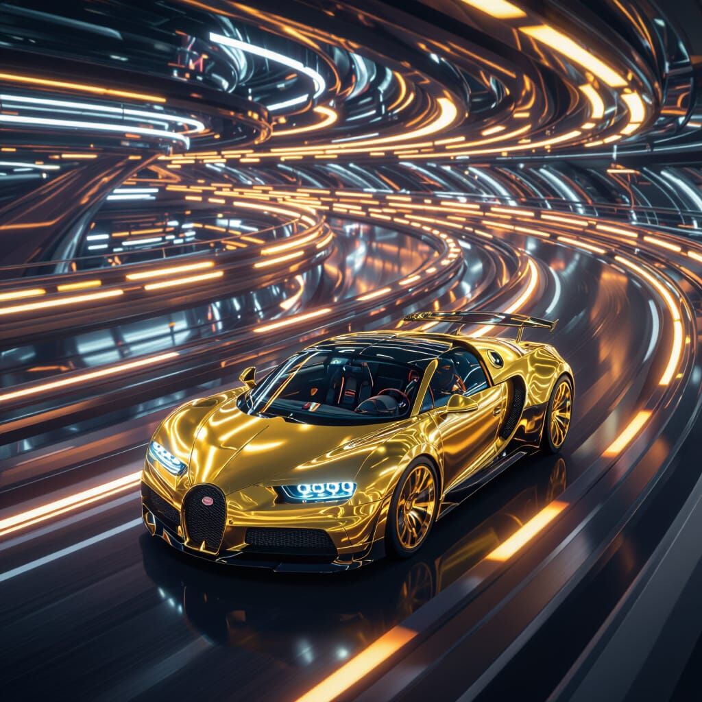 Gold Bugatti Veyron Soaring on Futuristic Highway