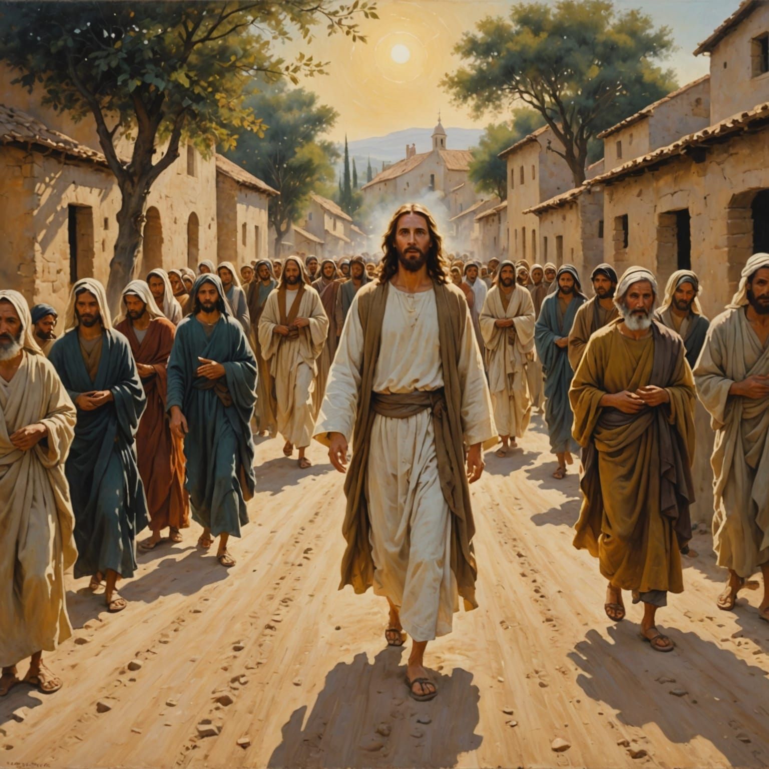 Jesus Walks Among the Villagers in Earthy, Golden Light