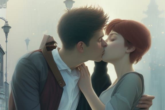 Romantic Kissing Couple Portrait in Anime Style
