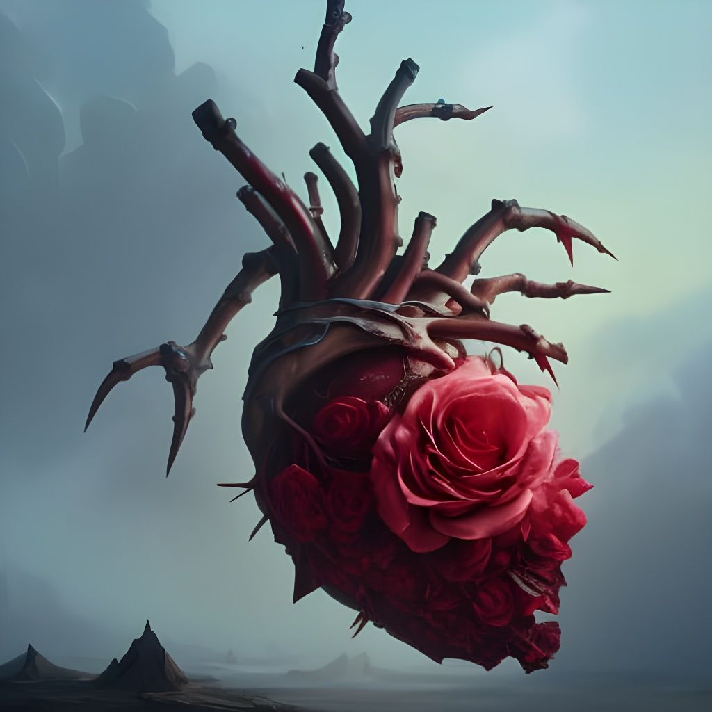 Anatomical Heart Entangled in Rose Thorns