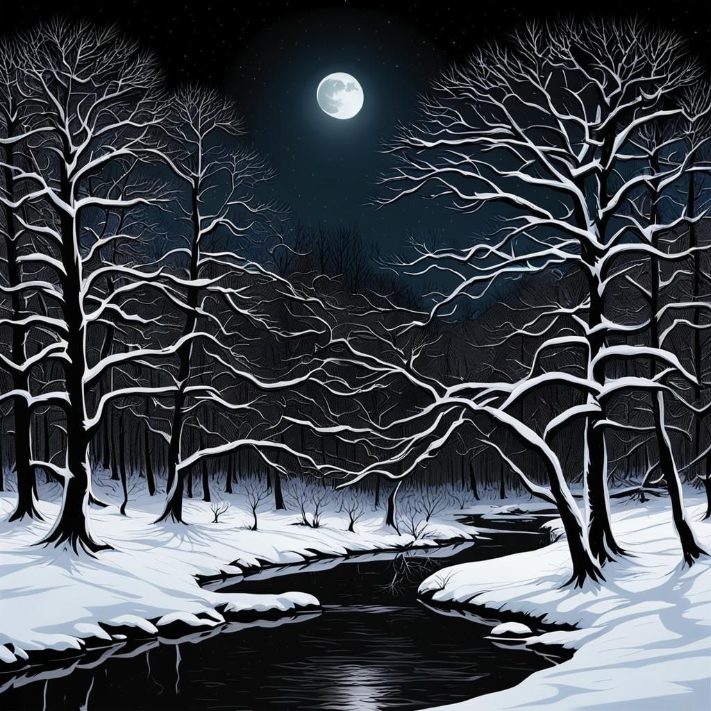 Dark Forest with Snow and Moonlight