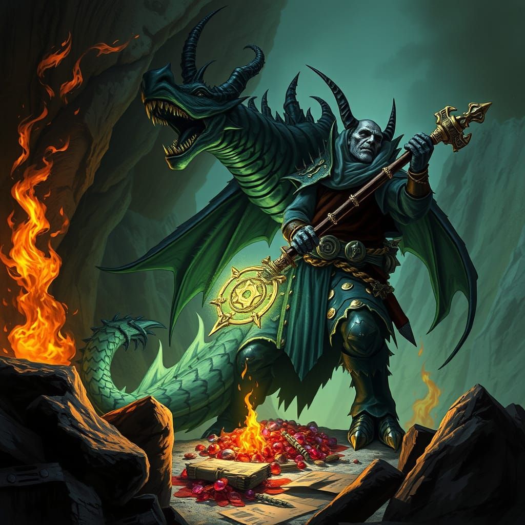 Drake-Blooded Adventurer in Mountain Lair with Jewels