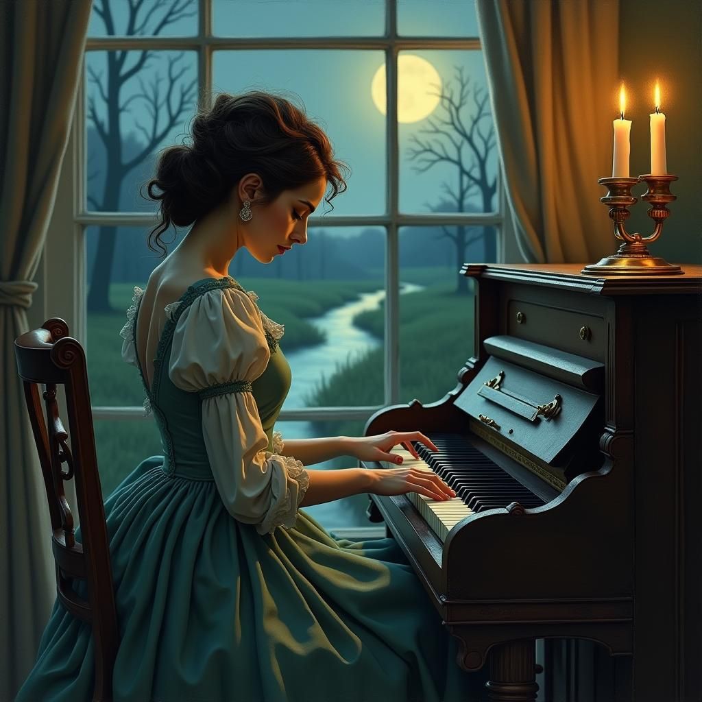 Melancholic Victorian Woman at Piano in Gouache Style