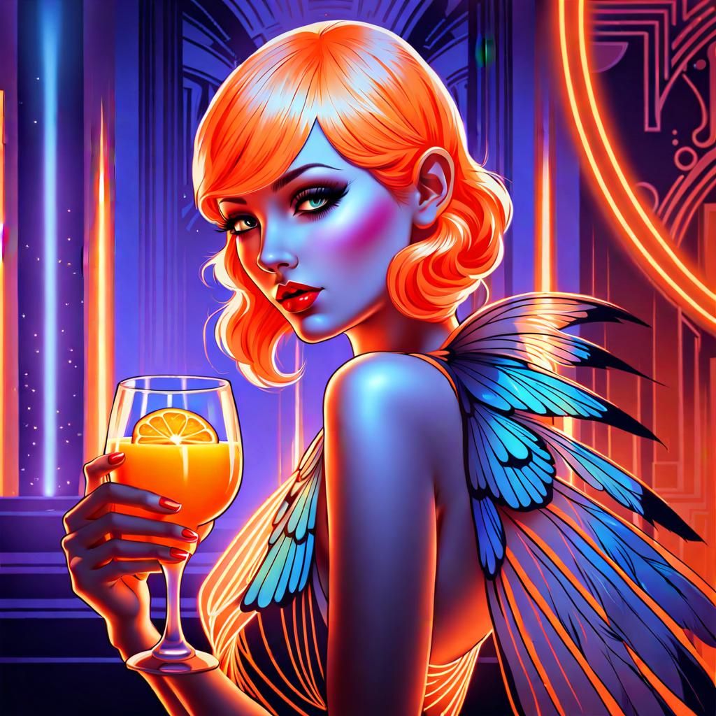 Neon Orange Fairy Flapper Art Deco Portrait