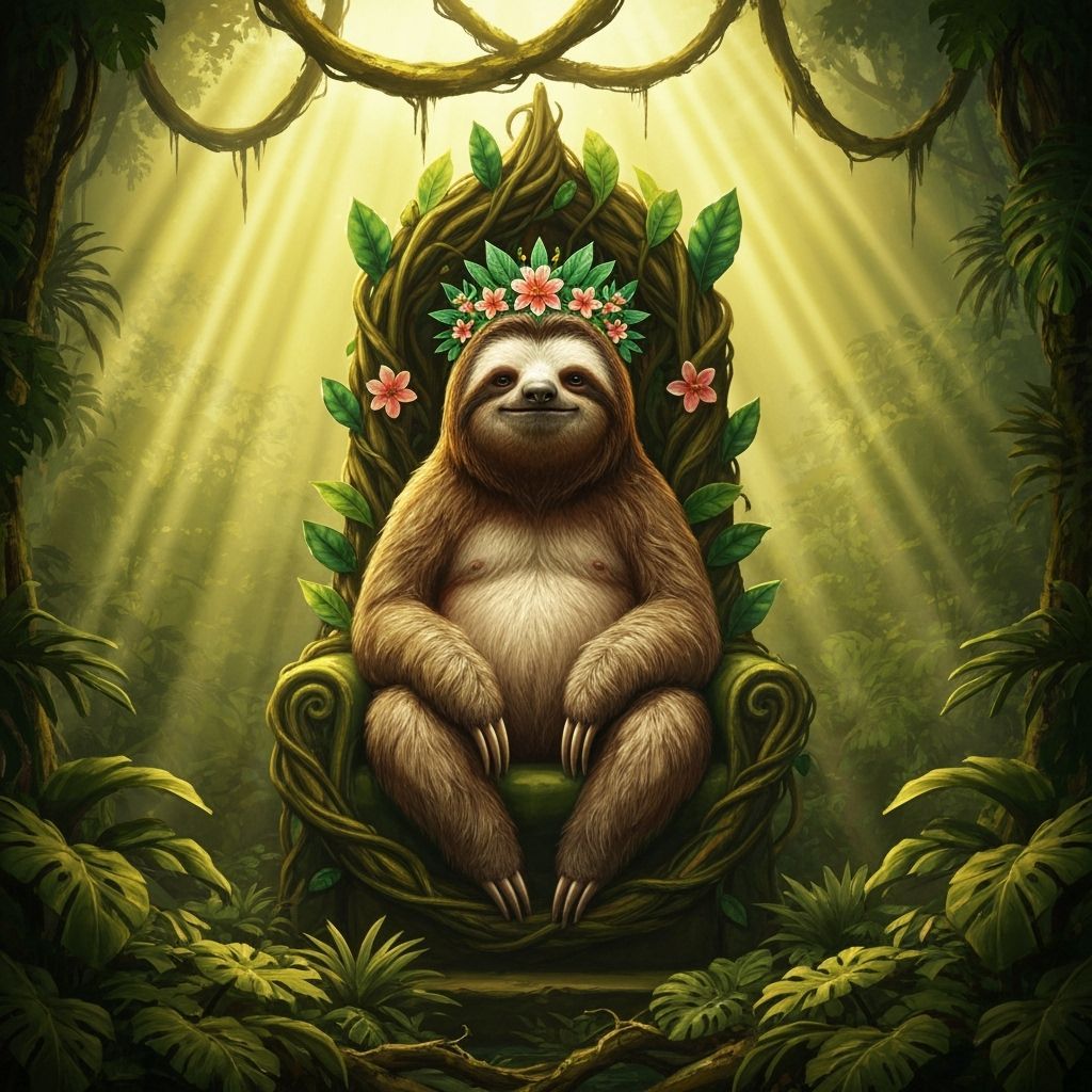 Majestic Sloth King in Lush Jungle Throne