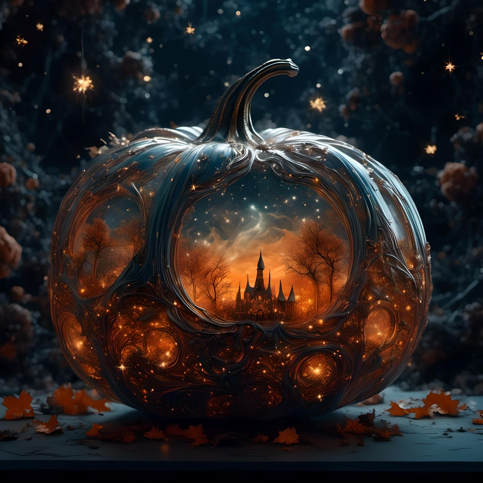Intricate Glass Pumpkin with Constellation Explosion